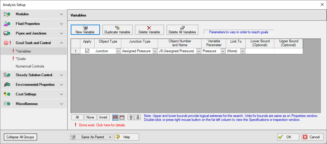 The Varaibles tab of the Goal Seek and Control Manager window with one variable defined.